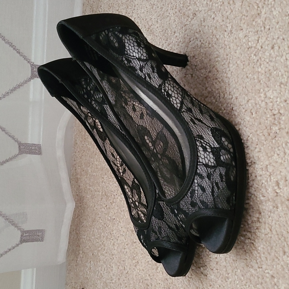 Black lace peep toe heels kelly & katie